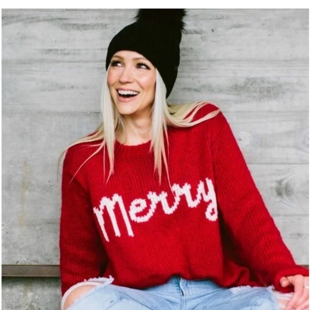 Wooden Ships Red Crewneck Sweater with White 'Merry' Script